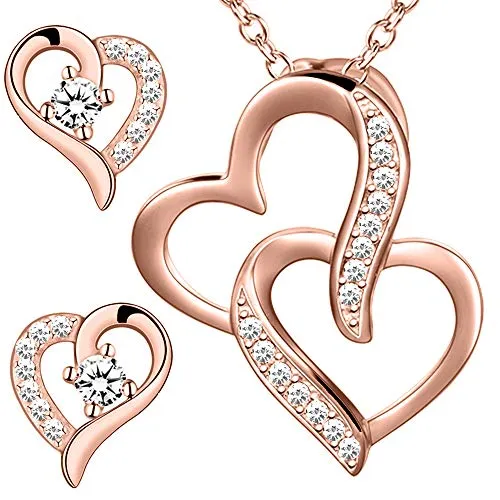 Damen Schmuckset 925 Sterling Silber Frauen Ohrringe Set Ohrstecker mit Hals-Kette Rosegold (K972+K975+V12)