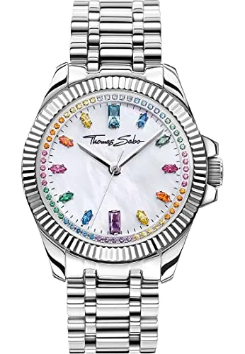 THOMAS SABO Quarzuhr DIVINE RAINBOW WA0394-201-201-33 MM - Elegante Damenuhr mit Zirkonia, Aquamarin und Amethyst. Das IP-beschichtete Edelstahlarmband und das stilvolle Design machen sie zum perfekten Accessoire für jeden Anlass.