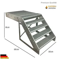 Podesttreppe Stahltreppe 5 Stufen freistehend 95cm Höhe mit 100x100cm Podest - Verzinkt - Robuste Stahltreppe mit 5 Stufen und freistehendem Podest, perfekt für den Außenbereich. Wetterfest und korrosionsgeschützt durch Feuerverzinkung. Einfache Montage mit inklusive Schrauben-Set.
