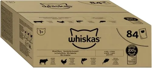 Whiskas Adult 1+ Katzennassfutter Gemischte Auswahl in Gelee, 84 Portionsbeutel, 84x85g (1 Großpackung) – Hochwertiges Katzenfutter nass, für ausgewachsene Katzen