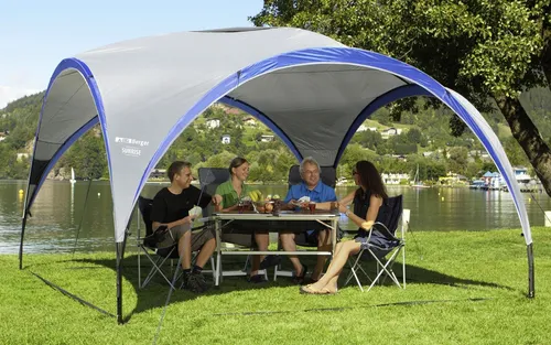 Berger Pavillon Sunrise - Großer Steckpavillon mit 350 x 350 cm Grundfläche, ideal für Gartenpartys. Hochentlüftung sorgt für optimale Luftzirkulation, inklusive Dach und Gestänge.