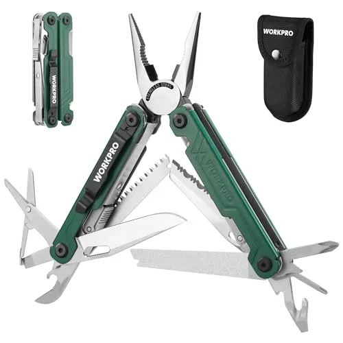 WORKPRO Multifunktionszange, 18 in 1 Multitool Werkzeug Faltbares Edelstahl Multifunktionswerkzeug mit Messer, Flaschenöffner, Schere, Gürtelclip für Camping Reparieren, Geschenk mit Tragtasche, Grün