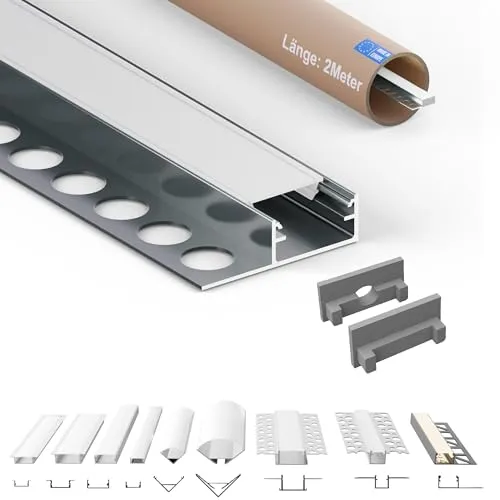 Tivendis Led Alu Profil 2 m F2 mit Zubehör für Strip/Streifen bis 14 mm breit | Abdeckung satiniert milchig | Einbau Abschlussleiste Abschlussprofil Fliesenschiene eloxiert