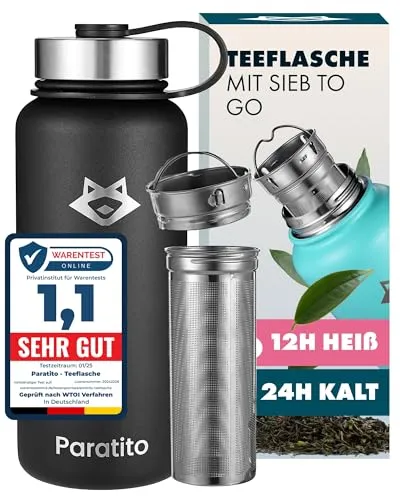 PARATITO® Teeflasche mit Sieb 1L – Auslaufsichere Edelstahl Trinkflasche - Thermobehälter mit praktischem Teesieb für lose Teesorten. Hält Getränke 12 Stunden heiß oder den ganzen Tag kalt – ideal für unterwegs!