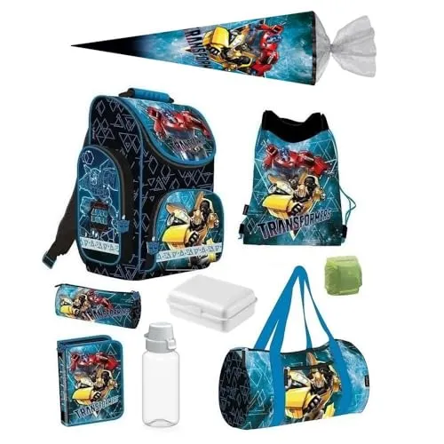 Familando Transformers Schulranzen Set 9-teilig - Schultaschen-Set für Jungen und Mädchen mit ergonomischem Design und leichtem Gewicht von nur 1.000g, ideal für die Grundschule. Inklusive Schultüte, Federmappe und Sporttasche.
