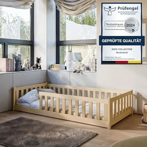 Kinderbett Bodenbett 80x160 cm mit Matratze und Rausfallschutz - Kleinkindbett aus massivem Kiefernholz mit sicherem Rausfallschutz, ideal für selbstständiges Schlafen und Spielen - fördert die Unabhängigkeit Ihres Kindes.