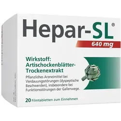 Hepar-SL 640 mg Filmtabletten zur Unterstützung der Verdauung - Praktische Filmtabletten zur Unterstützung der Verdauung. Sie fördern die Fettverdauung und können Beschwerden wie Völlegefühl gezielt vorbeugen. Einfach während der Mahlzeiten einnehmen.