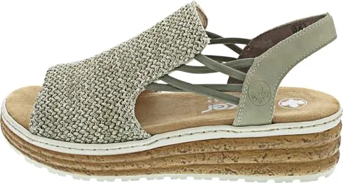 Rieker 62741-52 Keilsandaletten in Schilf/Salbei - Modische Keilsandaletten von Rieker in khakifarbenem Design. Flexibel und bequem dank Gummizug und dämpfender Laufsohle – ideal für warme Sommertage!