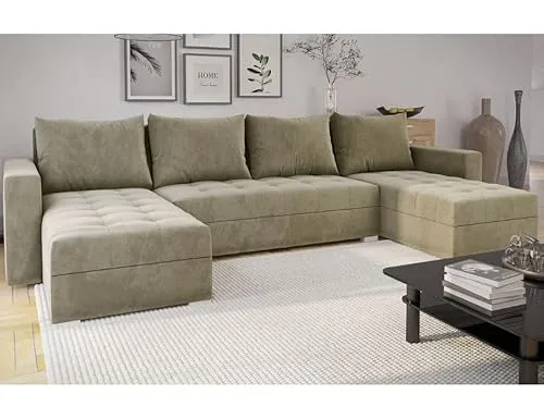MODERNO Ecksofa mit Schlaffunktion und Bettkasten FORSET U - Sofa mit +3 Sitzen - Schlafcouch Wohnlandschaft U Form - Modern Couch 301x145x80 cm - Big Sofa XXL Beige