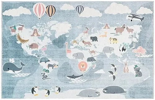Spielteppich Weltkarte mit Tieren - Blau-Grau 80 x 145 cm - Teppiche & Läufer für Baby- & Kleinkinderzimmer: Fördert Wissen und Abenteuerlust mit rutschfester, waschbarer Oberfläche für sicheres Spielen.