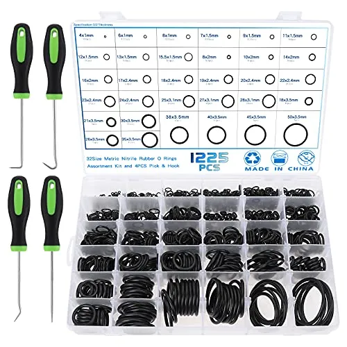 Gueenky 1225 Stück O Ring Sortiment Durchmesser 4-50 mm, 32 Größen Dichtungsringe Dichtungen set Nitrilkautschuk Gummi Dichtring O-ringe mit Pick und Haken Set