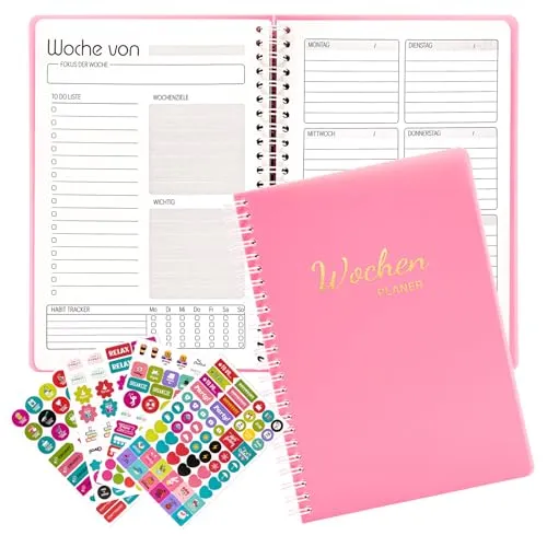Fettwal Undatierter Wochenplaner, Terminplaner A5, Wöchentlicher Terminkalender mit To-Do-Liste, Notizfeld, 4 Aufkleber, 52 Blatt Terminplaner auf Deutsch Ringbuch mit Hardcover (Rosa)