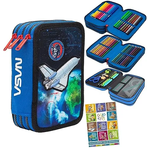 Colorino NASA 3-fache Federtasche - Vielseitige 46-teilige Federmappe mit 3 Fächern für optimale Organisation. Ideal für Schule und Alltag, inklusive Hausaufgabenheft. Perfekt für kreative Schüler!