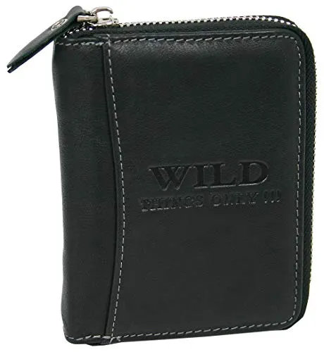 WILD THINGS ONLY !!! Herren Geldbörse aus Echt-Leder mit umlaufendem Reißverschluss & RFID Schutz (Hochformat, Schwarz)