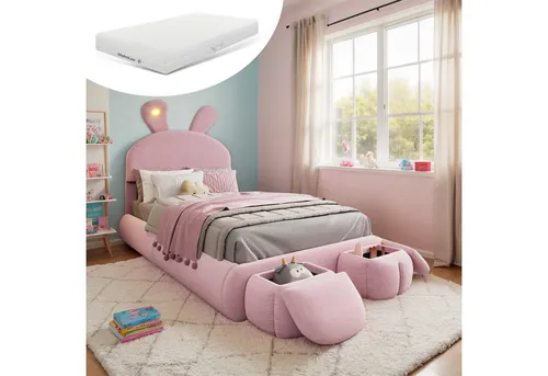 OKWISH Kinderbett Funktionsbett Stauraumbett Polsterbett (90x200 mit LED-Hasenohren, 2 Aufbewahrungshockern & höhenverstellbarem Kopfteil, für Kinder- & Jugendzimmer), mit Matratze