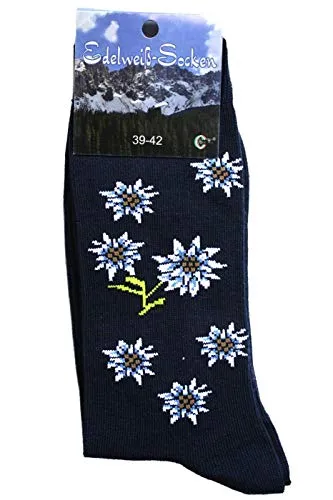 German Wear Unisex Trachtensocken Edelweiß-Socken Blütenmuster Kurze socken, 39-42, Dunkelblau