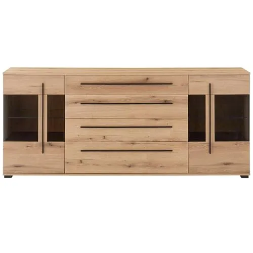Lomadox Sideboard 200 cm in Eiche mit Glastüren und Softclose - Elegantes Sideboard mit 2 Glastüren und 4 Softclose-Schubladen. Schafft stilvollen Stauraum und setzt Ihre Lieblingsstücke in Szene. Ideal für modernes Wohnen!
