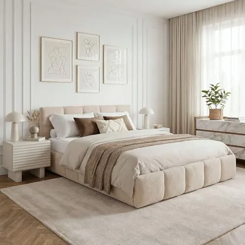 IDIMEX Polsterbett Cloudy gepolstert 180 x 200 cm, Beige – modernes Doppelbett mit Bouclé Stoffbezug, inklusive Lattenrost und Rückenlehne, gepolstertes Kopfteil
