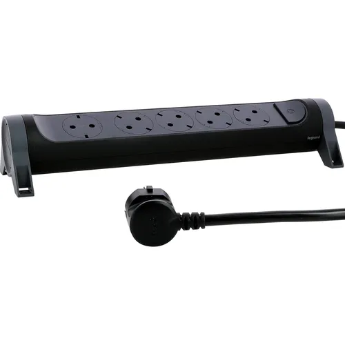 LEGRAND, Drehbare Steckdosenleiste, 5-fach Steckdose, Mehrfachsteckdose, Wand- oder Tischmontage, LED-Ein/Aus-Schalter, 1,5m Kabel, Schwarz/Dunkelgrau, 694532