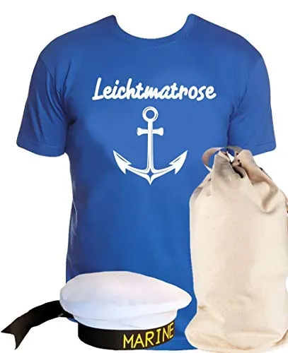 Coole-Fun-T-Shirts Matrosen Kostüm Set Leichtmatrose T-Shirt + Matrosenmütze + Sack blau Gr.L