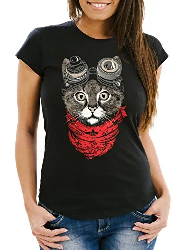 MoonWorks Damen T-Shirt Katze Cat Steampunk Slim Fit Schwarz L