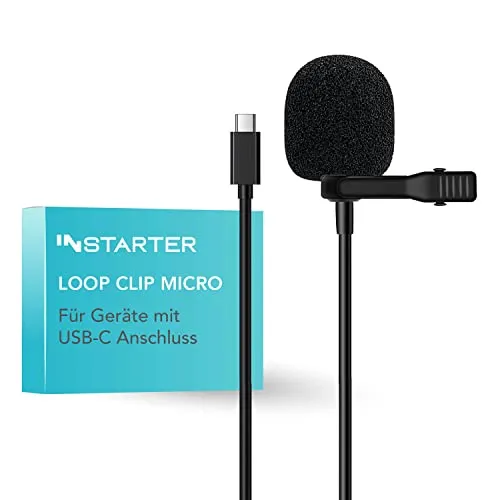 Instarter Lavalier Loop Clip Ansteckmikrofon - 360 Grad Klangaufnahme - mit USB-C Anschluss, 6 m Kabel, Windschutz, Tasche, Klemme - klarer Sound - für Kamera, Smartphone, Tablet, PC