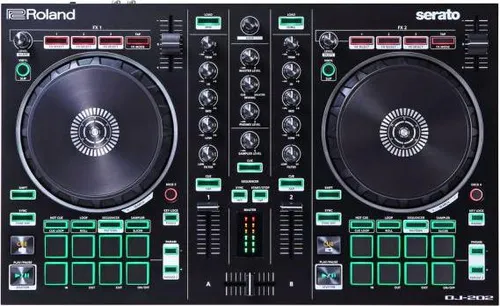 Roland DJ-202 USB-DJ-Controller mit Tragetasche - 2-Kanal DJ-Controller für Serato Intro mit exzellenter Klangqualität (24bit/48kHz) und integrierten Roland Drum Kits, ideal für kreative Live-Performances und Beatproduktion.