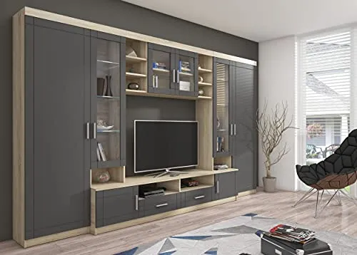 Küchen-Preisbombe Wohnwand Paris - Wohnwand aus MDF in Grau und Sonoma Eiche, stilvolles Design mit mehr Stauraum – praktisch und ein Hingucker für Ihr Wohnzimmer.