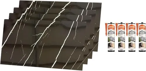 IZODEKOR Wandverkleidung Marmoroptik -4er 120x60cm- Alternative zu Badfliese/Küchenfliese, Duschwandpaneele, Wandpaneel für Küchenrückwand, Badezimmer, mit 4x Montagekleber | Black Lightning