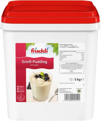 Frischli Sahne Pudding Grieß 5000g – Geschmack wie selbstgemacht - Der Frischli Sahne Pudding Grieß 5000g überzeugt mit sahniger Konsistenz und ausgezeichnetem Geschmack. Ideal für Gastronomie und Catering, servierfertig und ungekühlt haltbar.