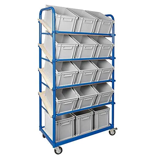 BRB-Lagertechnik Regaltransportwagen mit 15 Euroboxen - Transportwagen mit 5 Ebenen und 4 Lenkrollen, ideal für die übersichtliche Lagerung von Kleinteilen. Mit 15 robusten Euro-Stapelkästen, beständig gegen Chemikalien und für Lebensmittel geeignet.