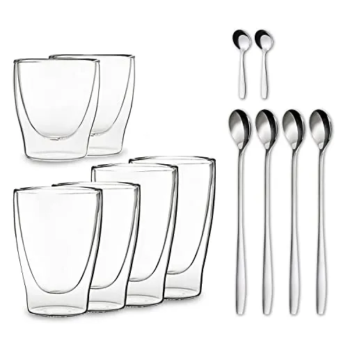 DUOS® Jumbo 6er Set Latte Macchiato Gläser - Kaffee- & Teegläser, doppelwandig für optimale Temperaturhaltung, edles Design, inklusive 6 Löffel und spülmaschinenfest.
