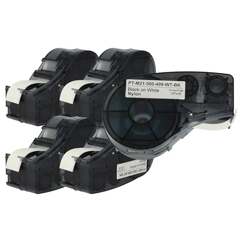 vhbw 5x Schriftband-Kassette kompatibel mit Brady BMP21-LAB, IDPAL, M210, LABPAL, BMP21 Plus Etiketten-Drucker 6,4m x 12,7mm Schwarz auf Weiß, Nylon