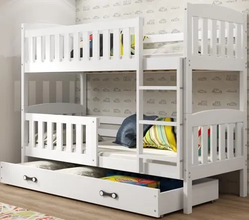 Interbeds Hochbett Etagenbett Kiefernholz mit Rausfallschutz (190x90, weiß) - Betten aus FSC-zertifiziertem Kiefernholz, TÜV-zertifiziert, mit abgerundeten Kanten und sicherem Rausfallschutz. Ideal für Kinderzimmer, wandelbar in zwei Einzelbetten.