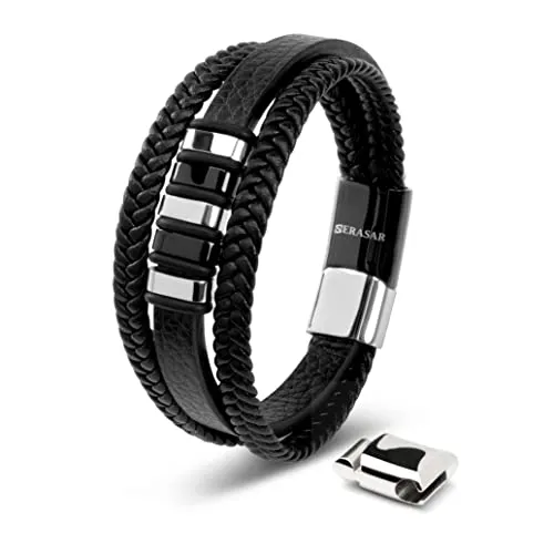 SERASAR Lederarmband für Männer 17cm Schwarz Silber - Armbänder für Herren – Elegantes, geflochtenes Echtlederarmband mit poliertem Edelstahl und starkem Magnet-Verschluss. Ideal als Geschenk in einer stylischen Schmuckschachtel.