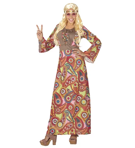 Hippie Women Girl Reggae Kleid Kostüm Peace Karneval Maxikleid bunt Größe XL - Damenkostüm in Größe XL, perfekt für Karneval mit buntem Design und Peace-Motiv für echte Hippie-Fans.