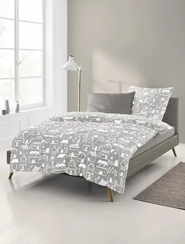 Bierbaum Biber Bettwäsche 155x220 Häuser Stadt beige weiß - Bettwäschegarnitur aus 100% Baumwolle, atmungsaktiv und trocknergeeignet. Ideal für kuschelige Nächte im Winter, mit vintage Stadt-Häuser Design.