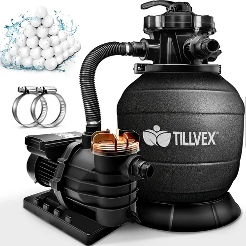 tillvex Sandfilteranlage 10 m³/h - Hochwertige Sandfilteranlage für Pools mit 5-Wege Ventil und Druckanzeige. Sorgt für sauberes Wasser und hygienischen Badespaß mit einer Fördermenge von 10.200 l/h.