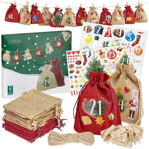 Adventskalender zum Befüllen 2025 - Jute Adventskalender zum Selbstbefüllen mit Beuteln, Stickern und Zahlen Aufkleber - Adventskalender zum Basteln - DIY Adventskalender Selber Befüllen LIVAIA