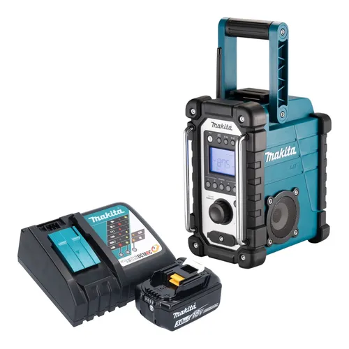 Makita DMR 116 Baustellenradio mit Akku und Lader - Robustes Baustellenradio mit AM/FM und AUX-Anschluss, ideal für den kabellosen Einsatz. Inklusive 3 Ah Akku und Ladegerät für flexible Nutzung.