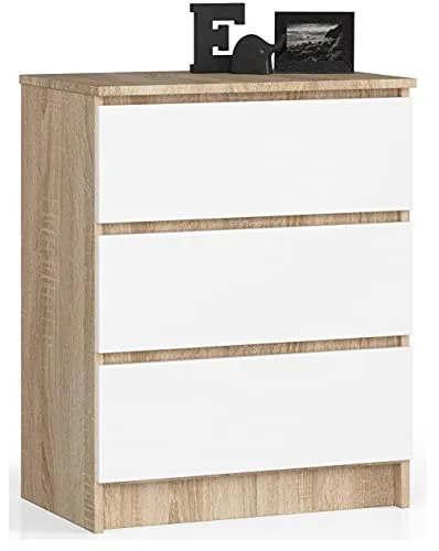 Home Collective Kommode mit DREI Schubladen 77 cm hoch und 60 cm breit, Wohnzimmer, Schlafzimmer, Flur, Schrank, Sideboard, Highboard, viel Stauraum, Sonoma weiß