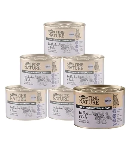 Dehner Fine Nature Katzenfutter, Nassfutter getreidefrei, für ältere Katzen, Truthahn / Ente, 6 x 200 g Dose (1.2 kg)