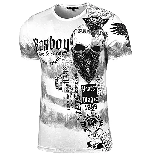 Herren Rundhals Vintage Verwaschen T-Shirt Kurzarm Slim Fit Design Fashion Top Print Shirt B-07, Farbe:Weiß, Größe:M