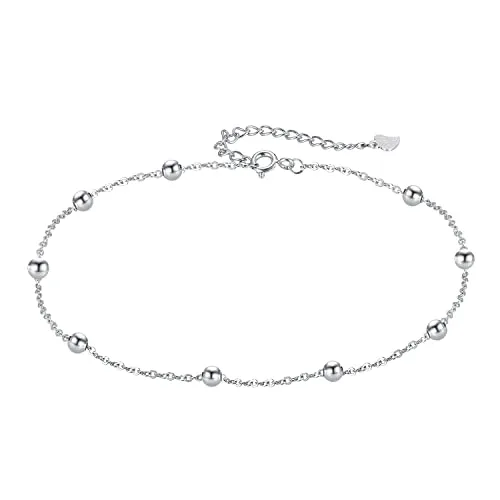 Hifeeled Fußkettchen Silber 925 Damen Kette mit Kugelperlen Fusskettchen Sommer Barfuß Strand Fußketten Verstellbar |22cm+4|