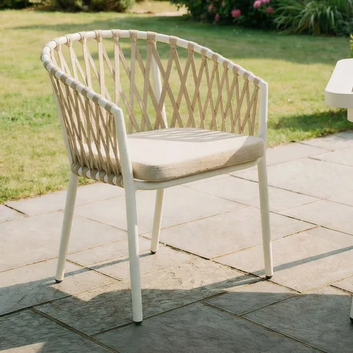 Gartenstuhl SUNNY 6er Set, weiß/champagner - Gartenstühle Sunny: Robuste Outdoor-Stühle mit wasserabweisenden Kissen und moderner Rope-Bespannung, perfekt für Balkon und Terrasse. Stapelbar und wetterfest für einfache Aufbewahrung.