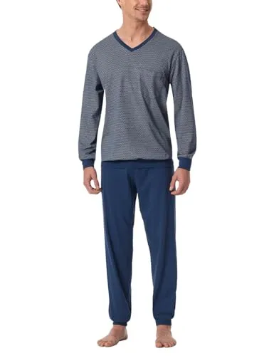 Schiesser Herren Schlafanzug lang mit Bündchen - Schlafanzug für Herren in Blau, aus der 
