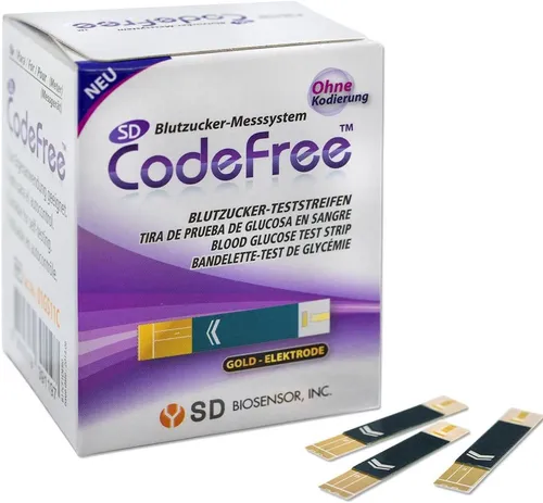 CodeFree Blutzucker-Teststreifen 50er Pack - Präzise Blutzuckermessung mit nur einem Tropfen Blut. Ideal für die einfache Kontrolle und Verwaltung von Diabetes. Günstige Teststreifen für eine kosteneffiziente Diabetesüberwachung.