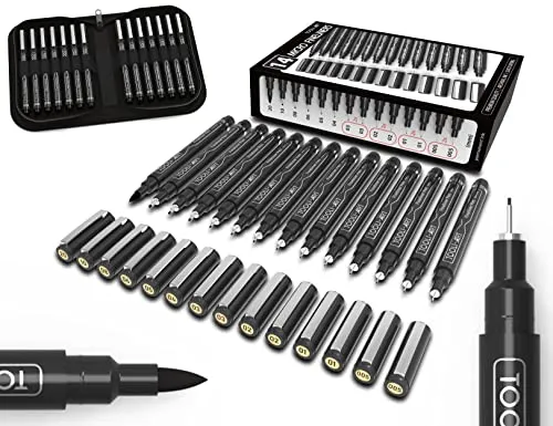 TOOLI-ART Micro-Line 14 Stifte mit Etui, Fineliner, Multiliner, Archivtinte, wasserfest, Tagebuch, Illustration, Architektur, Technisches Zeichnen, Outline, Manga, Schreiben, Felsmalerei. Schwarz