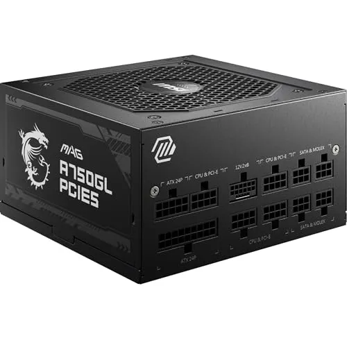 MSI MAG A750GL Netzteil 750W - 80 PLUS Gold zertifiziertes ATX 3.0 Netzteil mit vollem Modular-Design, unterstützt PCIe 5.0 GPUs und bietet effiziente Kühlung durch einen 120mm Lüfter - 7 Jahre Garantie.