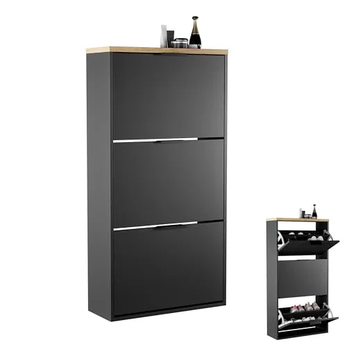 Planetmöbel Schuhschrank schmal mit 3 Klappen platzsparender Schuhregal mit 6 Ablagen, Schuhkommode für Diele, Flur, Garderobe 60 x 23 x 118 cm, schwarz